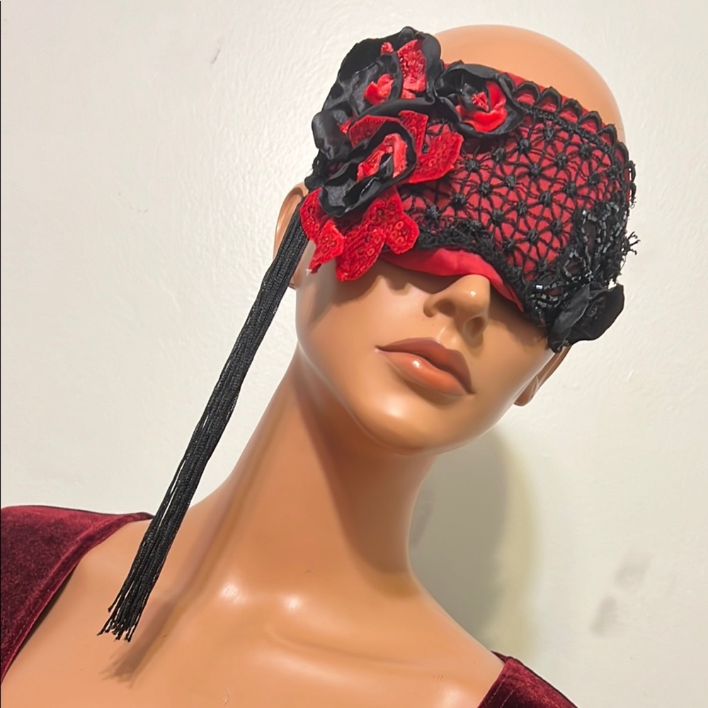 Elegant Black and Red Lace Eye Mask Burlesque Beaded Boudoir Eye Mask